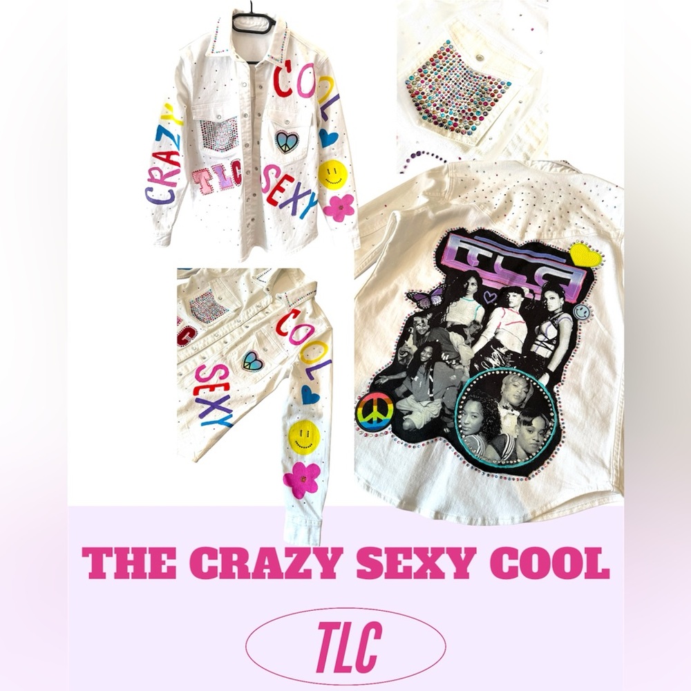 🫶🏼TLC Denim Jacket Hand-Painted Upcycled Y2K Graffiti Rhinestone Bling Shirt